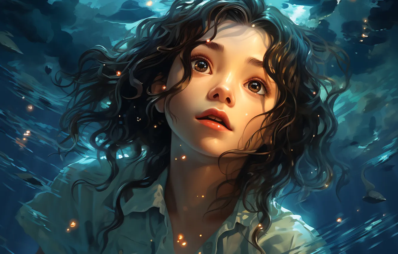 Photo wallpaper look, hair, the evening, brunette, girl, digital art, AI art, The Art of Artificial Intelligence