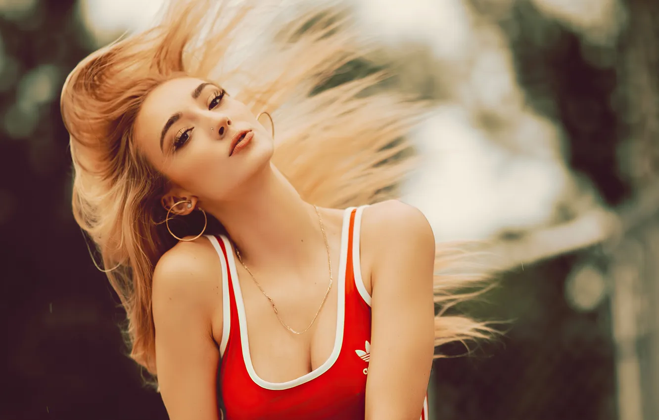 Photo wallpaper girl, woman, young, cute, t-shirt, long-haired