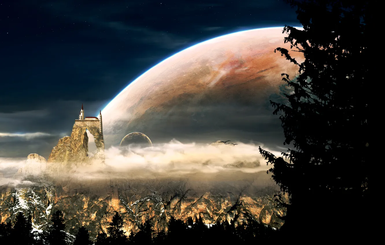 Photo wallpaper clouds, trees, mountains, birds, castle, the moon, planet, satellite