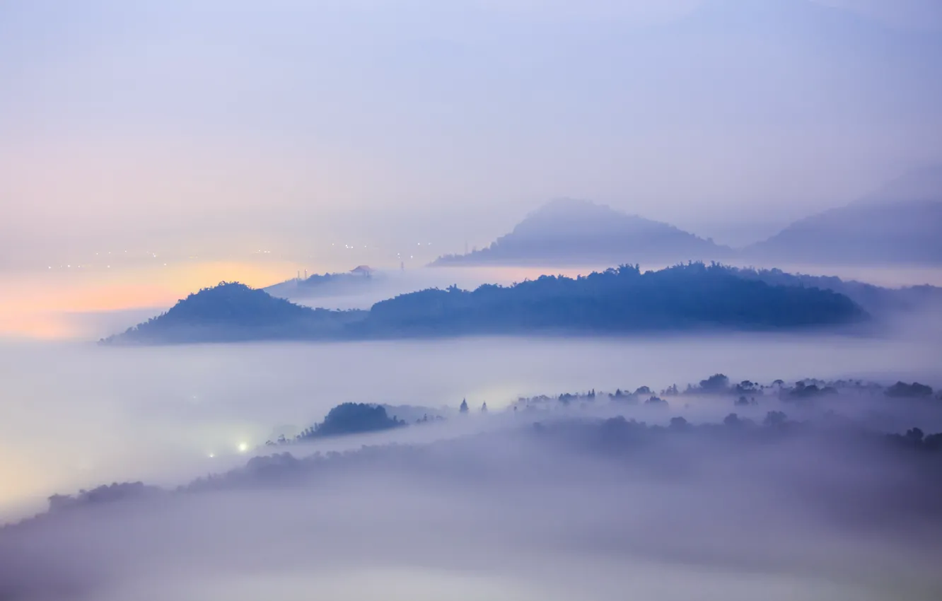 Photo wallpaper landscape, mountains, the city, fog
