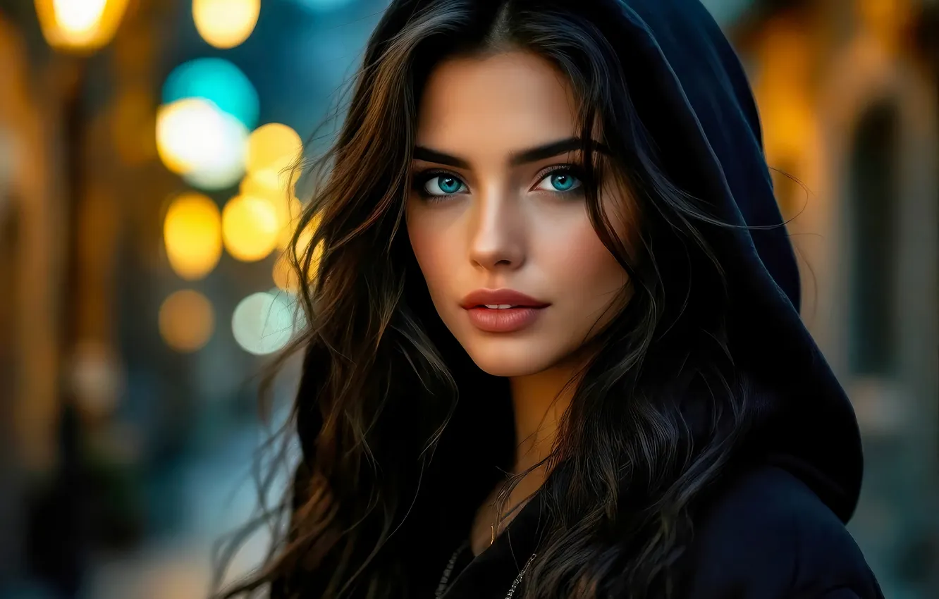 Photo wallpaper look, girl, lights, portrait, brunette, hood, cloak, Cape