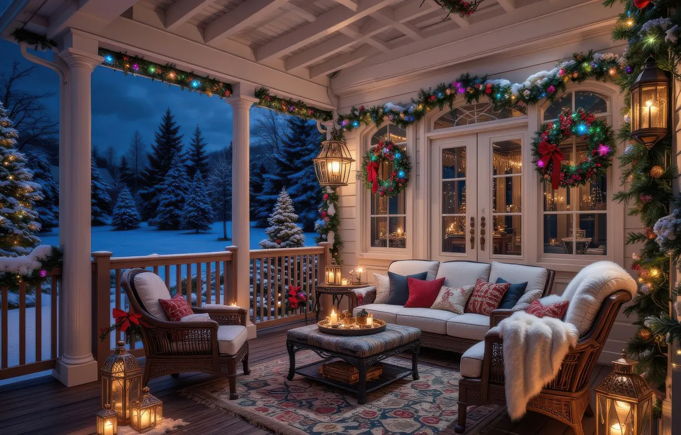 Photo wallpaper winter, snow, night, lights, lights, room, sofa, carpet