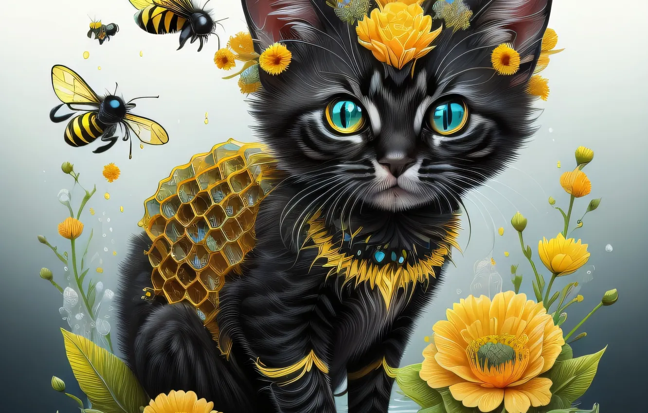 Photo wallpaper cat, summer, eyes, cat, look, flowers, yellow, style