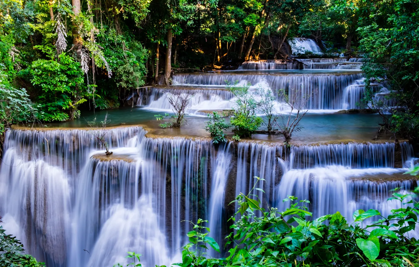 Photo wallpaper forest, landscape, river, rocks, waterfall, Thailand, summer, forest