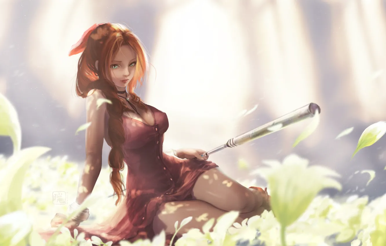 Photo wallpaper long hair, dress, blue eyes, flowers, ponytail, brunette, petals, red dress