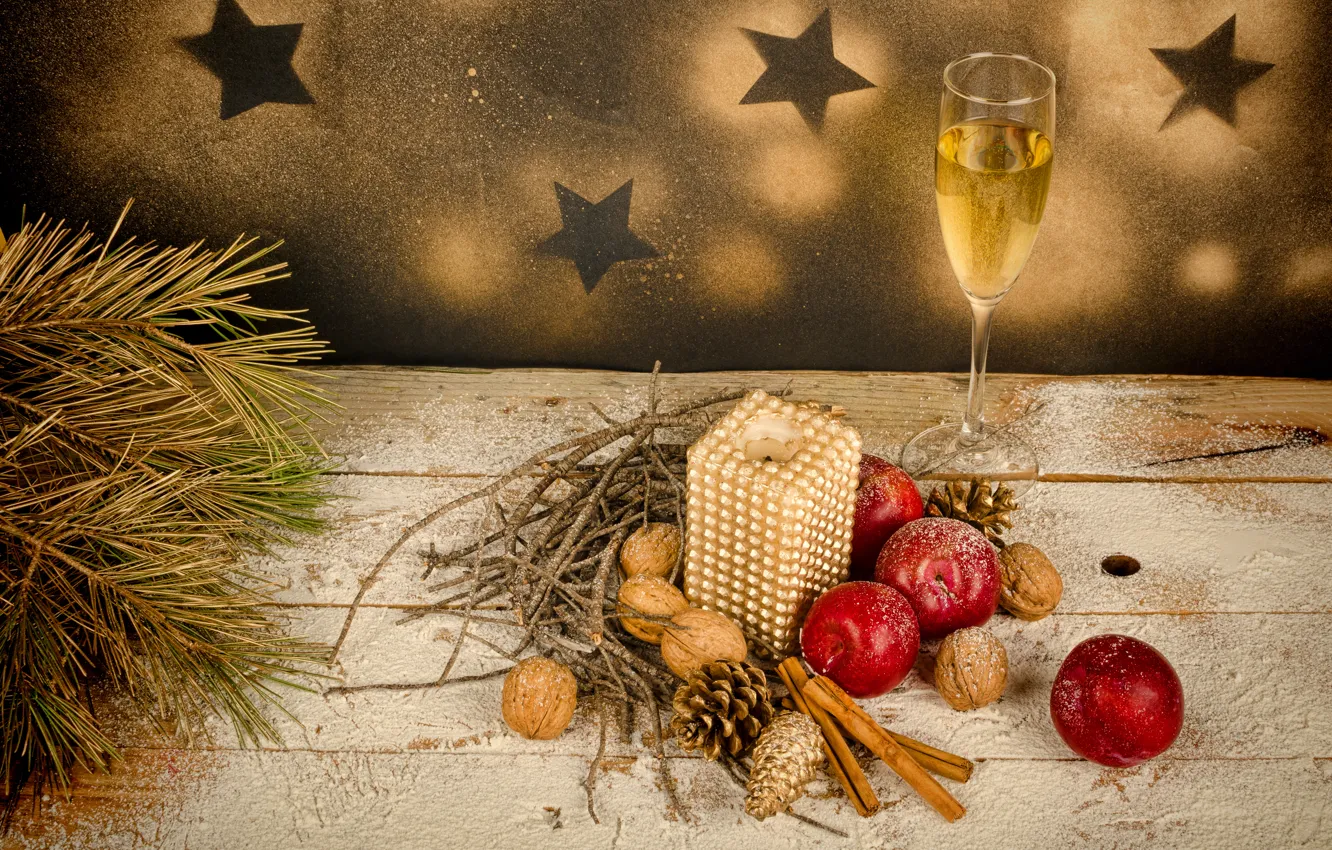Photo wallpaper decoration, New Year, glasses, Christmas, champagne