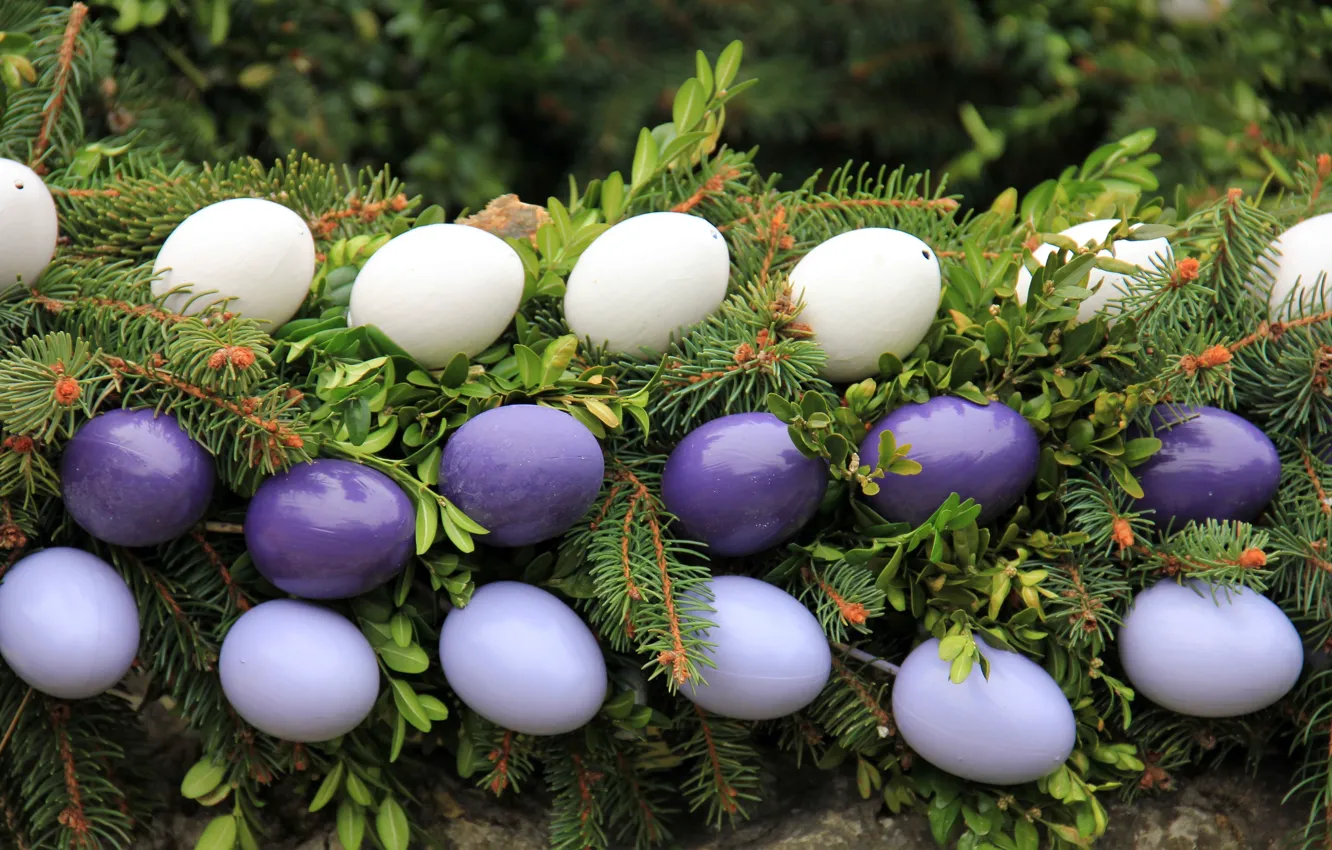 Photo wallpaper leaves, branches, holiday, eggs, spruce, Easter, garland, needles
