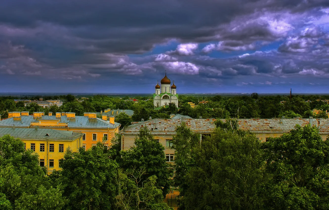 Photo wallpaper clouds, trees, building, Saint Petersburg, panorama, Russia, Pushkin, The Cathedral of St. Catherine