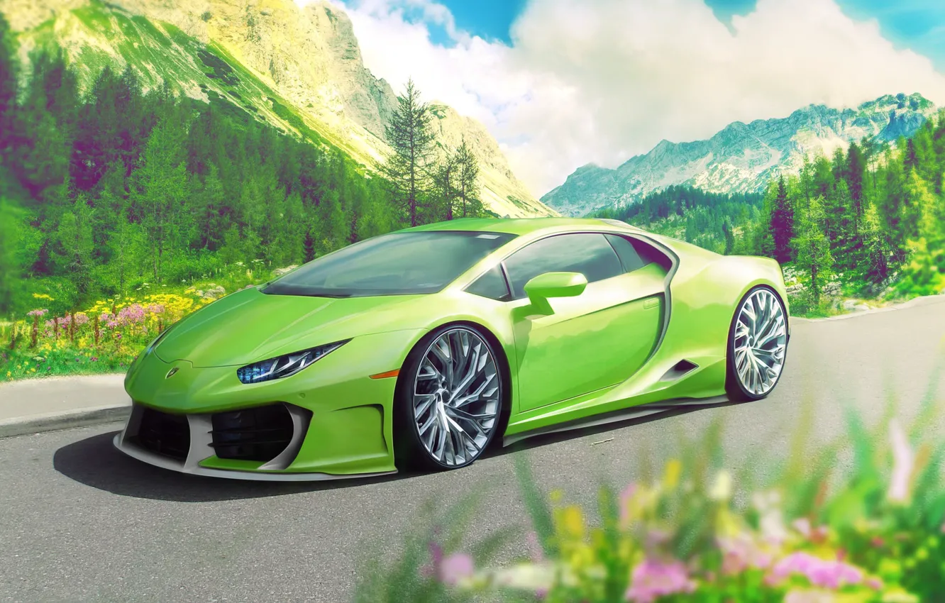 Photo wallpaper Auto, Lamborghini, Green, Machine, Supercar, Rendering, Sports car, Huracan