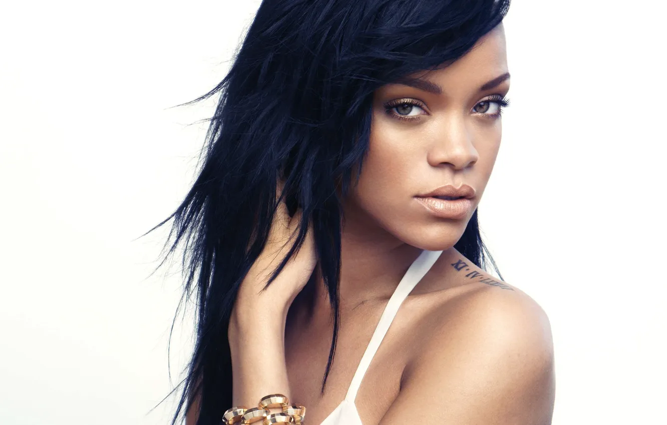 Photo wallpaper look, face, hair, tattoo, white background, bracelet, singer, Rihanna