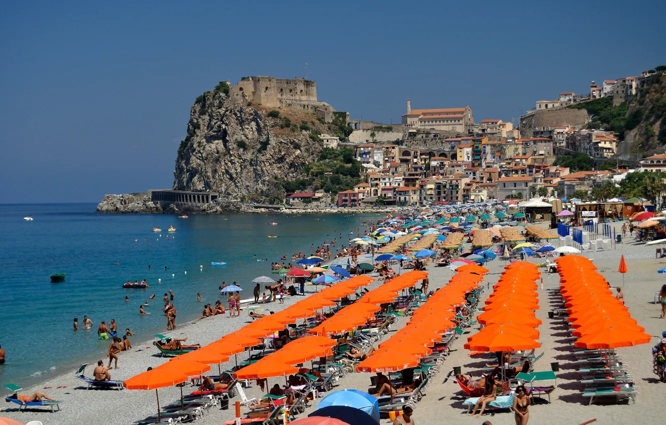 Photo wallpaper sea, beach, rocks, Italy, Calabria, Shilla, Ruffo Castle