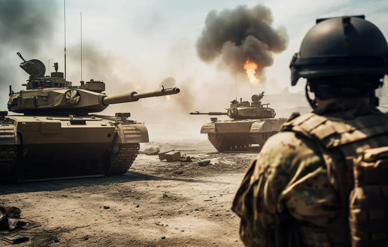 Photo wallpaper soldiers, tank, helmet, digital art, AI art, The Art of Artificial Intelligence, neural network