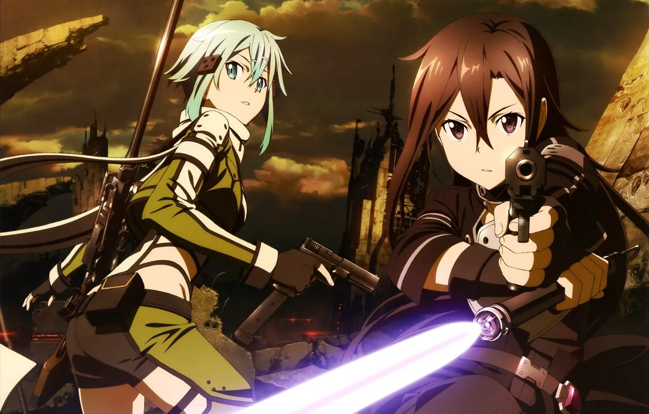 Photo wallpaper gun, ruins, guy, rifle, blue hair, art, sword art online, Kirito