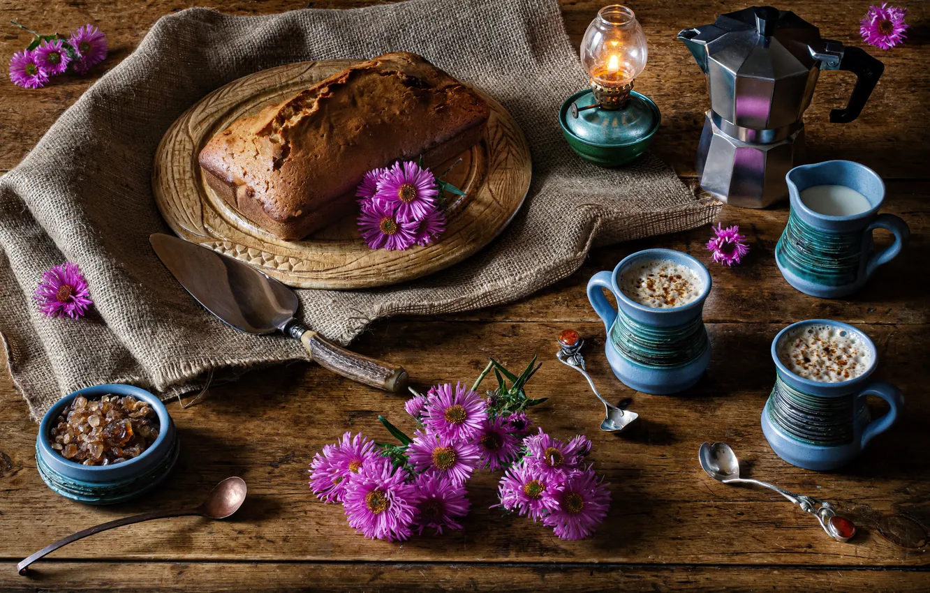 Photo wallpaper flowers, style, lamp, mug, still life, burlap, cupcakes, blade