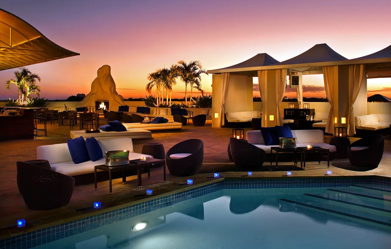 Photo wallpaper pool, villa, fireplace, terrace, furnished