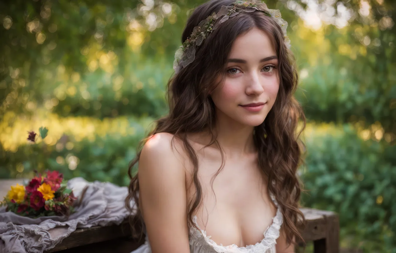 Photo wallpaper look, girl, background, sweetheart, dress, cutie, long hair, Stable Diffusion