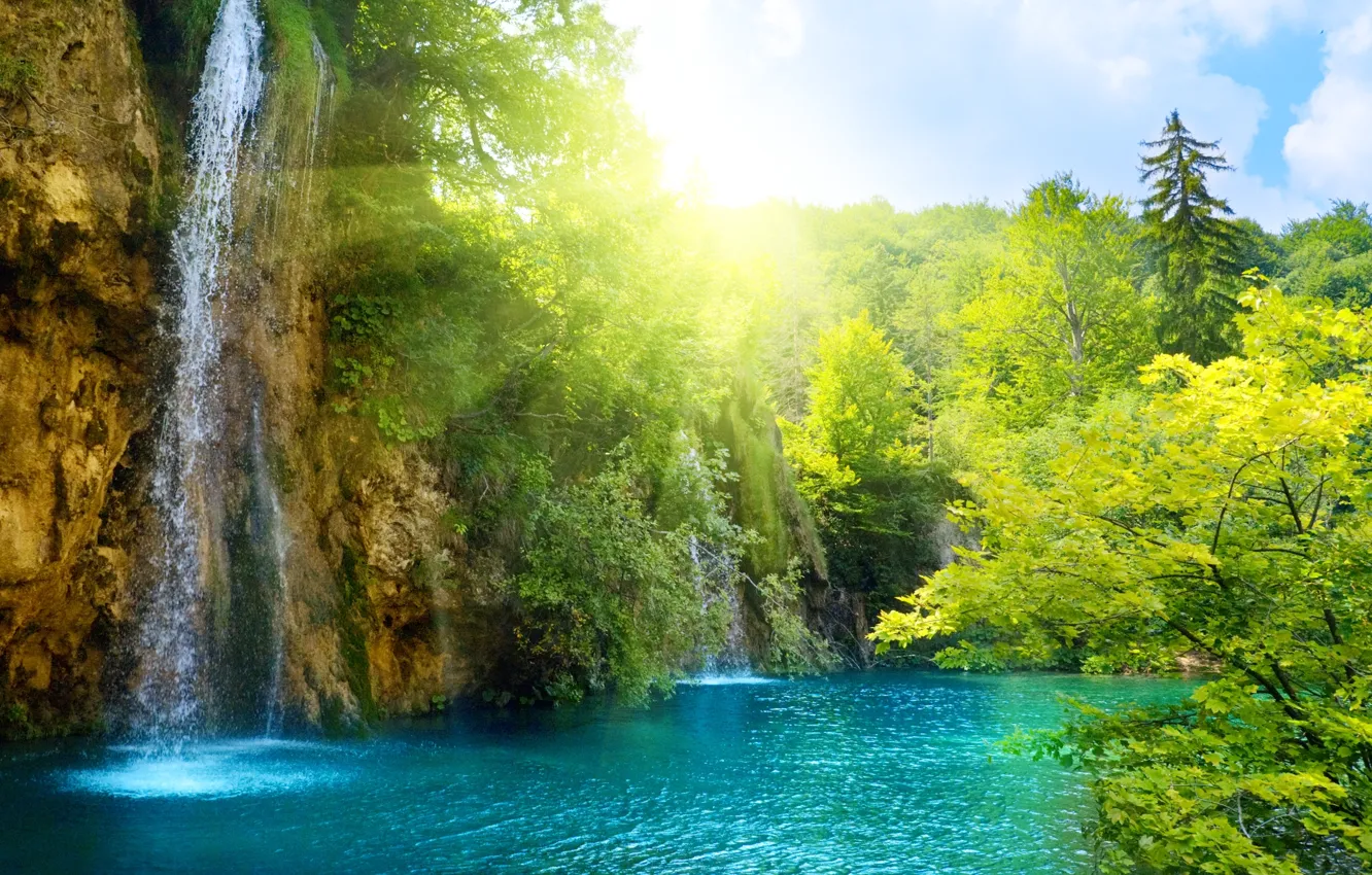 Photo wallpaper sea, the sky, clouds, trees, landscape, nature, lake, waterfall