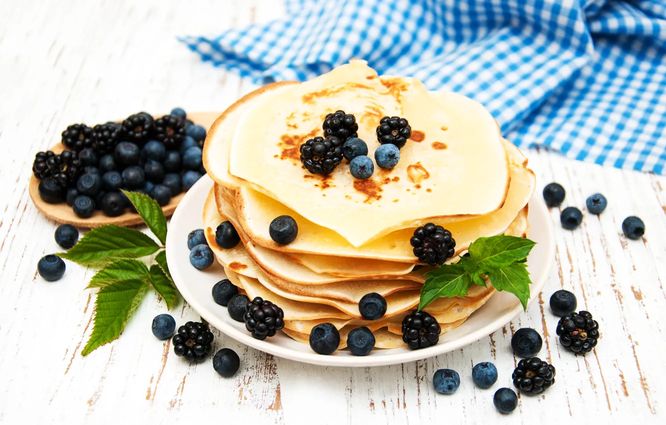 Photo wallpaper white, berries, table, background, Breakfast, blueberries, plate, BlackBerry