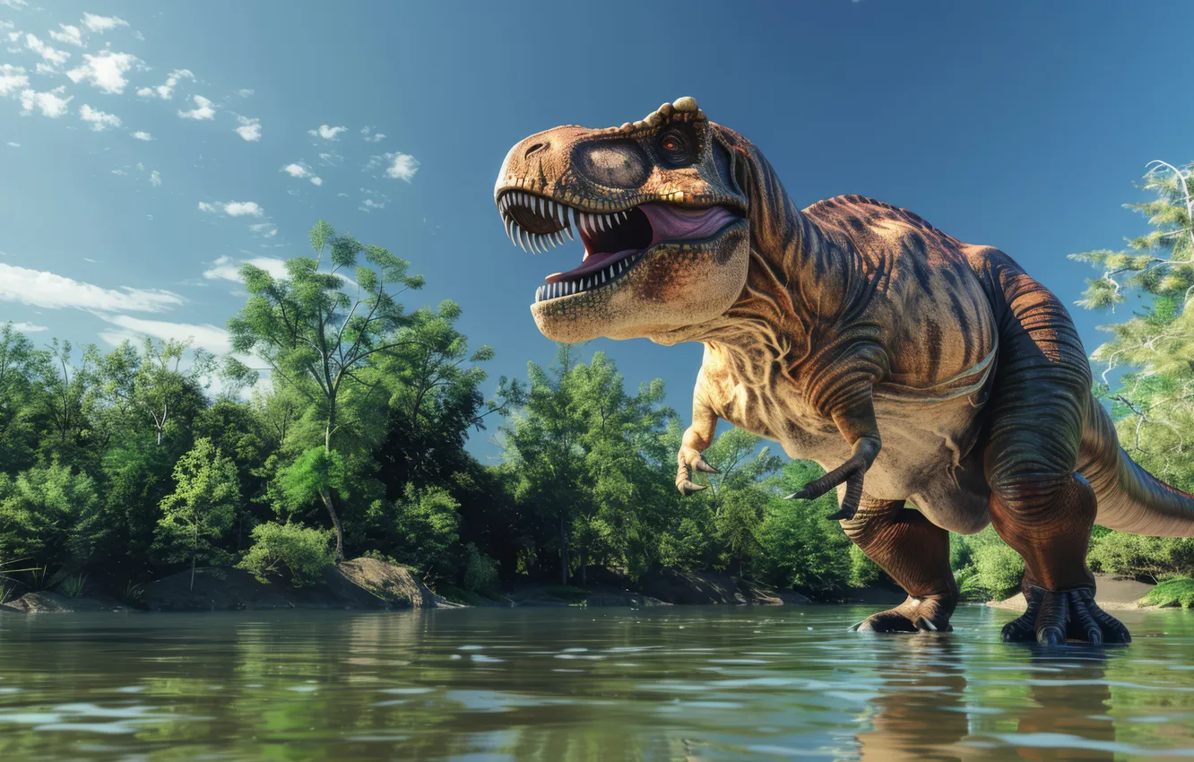 Photo wallpaper face, water, trees, animal, dinosaur, predator, teeth, Tyrannosaurus