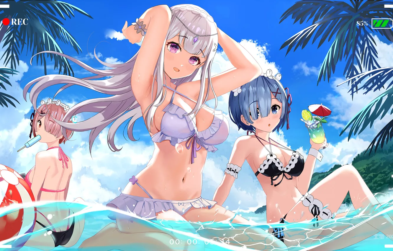 Photo wallpaper sexy, ass, wet, cleavage, beach, pink hair, sky, long hair