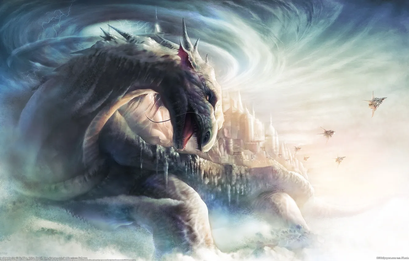 Photo wallpaper the city, lightning, dragon, starship, bin wee