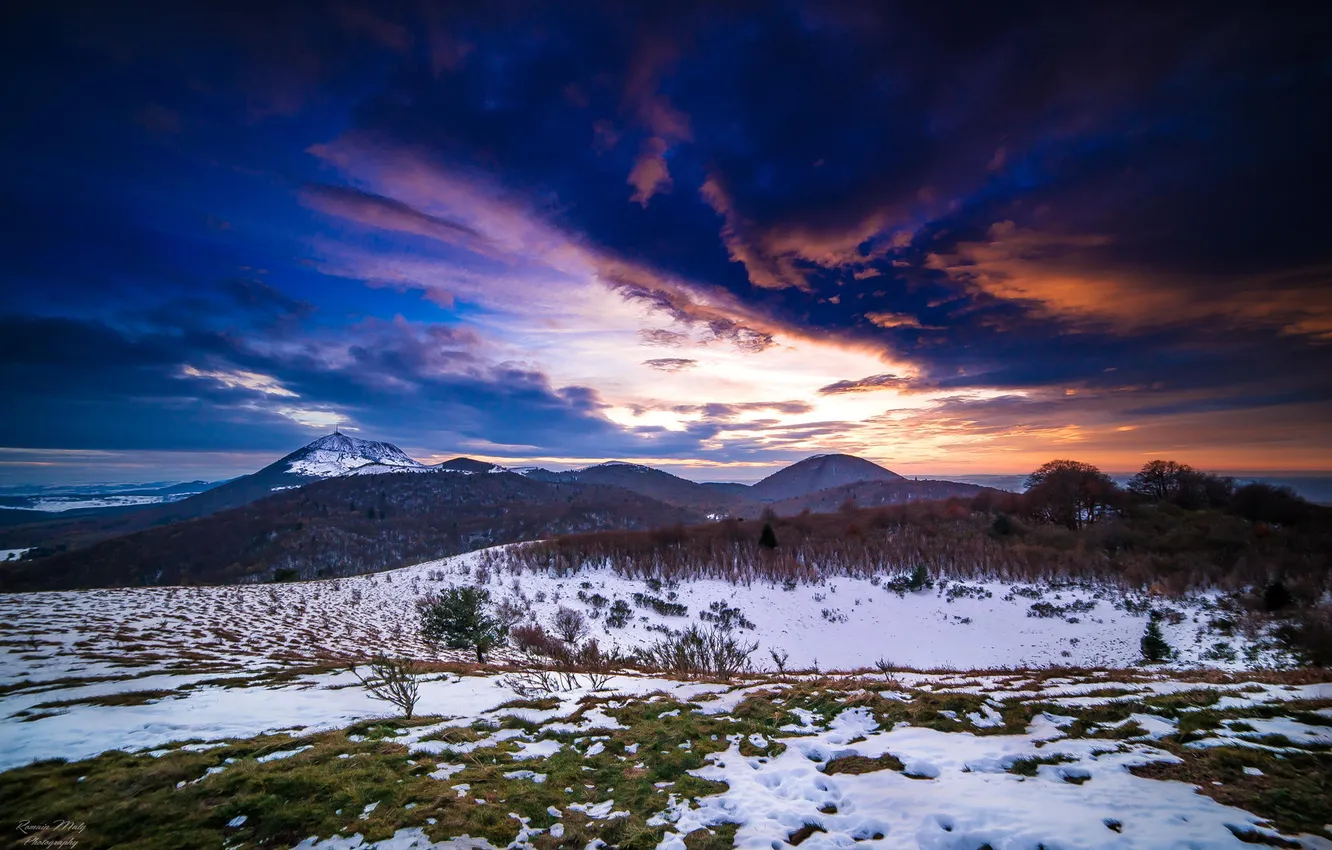 Photo wallpaper winter, snow, sunset, mountains, the steppe