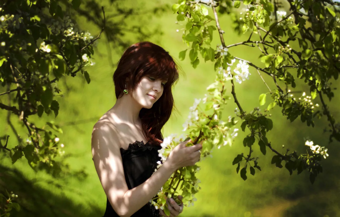 Photo wallpaper greens, branches, nature, spring, dress, brown hair