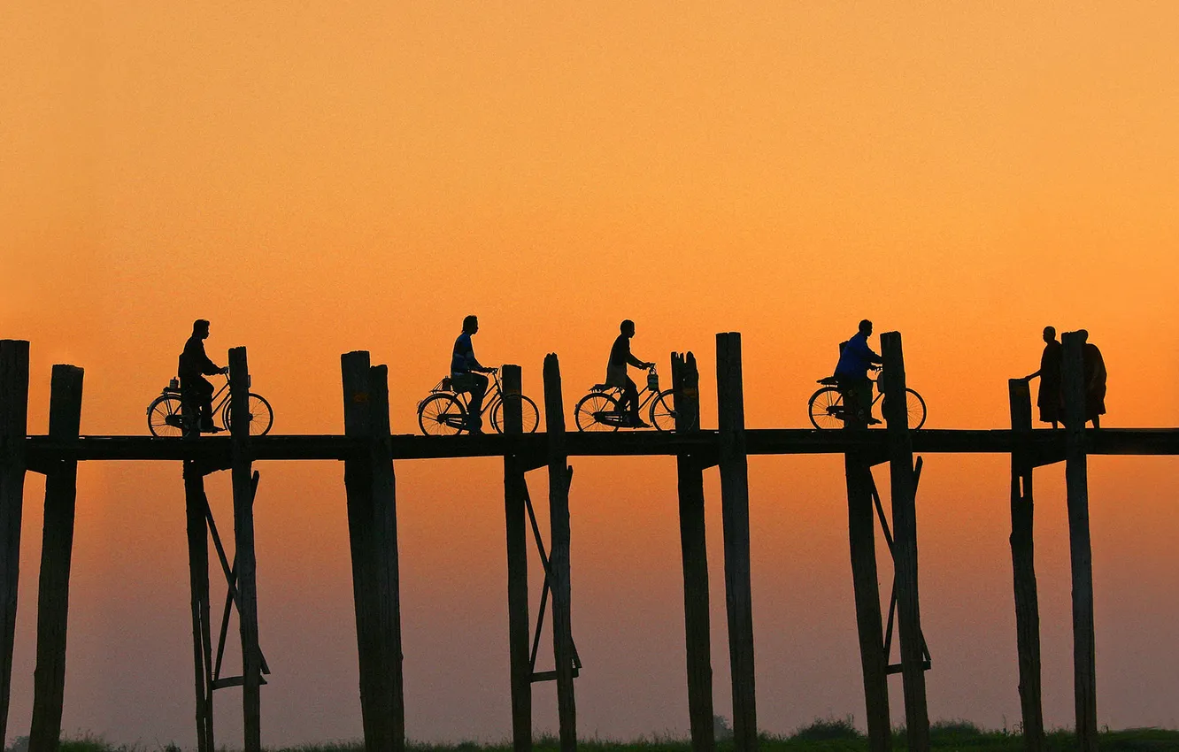 Photo wallpaper bike, people, silhouette, Myanmar, the u pain bridge, oz something Tangeman, Mandalay, Amarapura