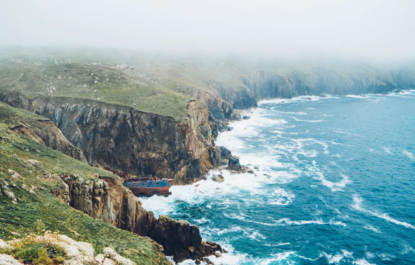 Photo wallpaper waves, sea, fog, England, ship, Cornwall, mist, cliffs
