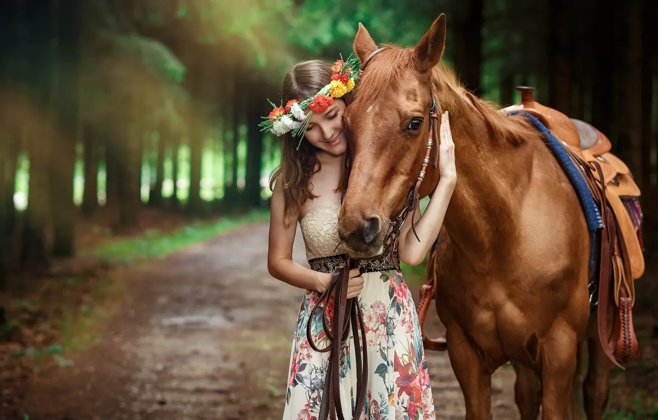 Photo wallpaper girl, background, horse