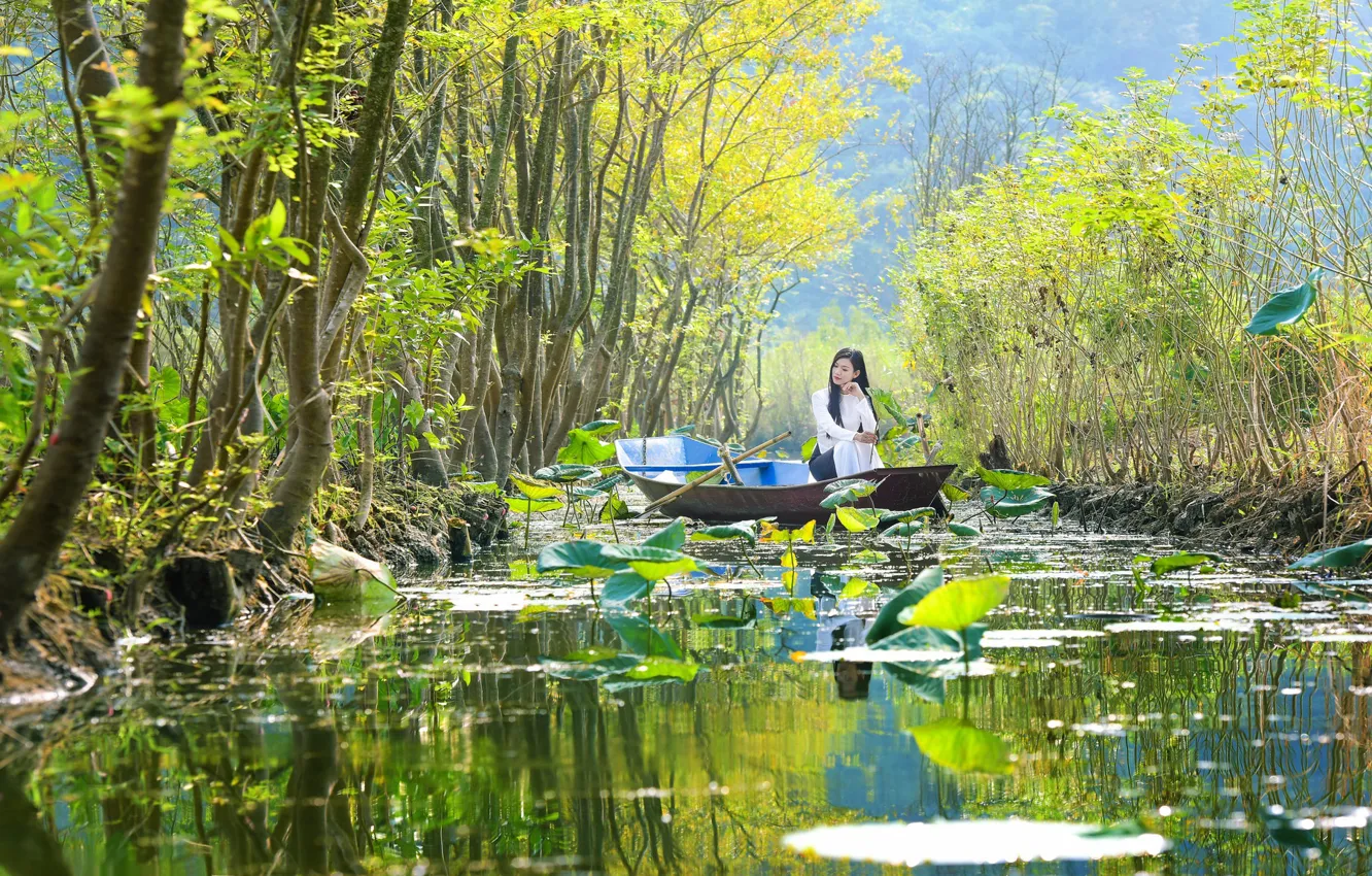 Photo wallpaper girl, trees, boat, pond