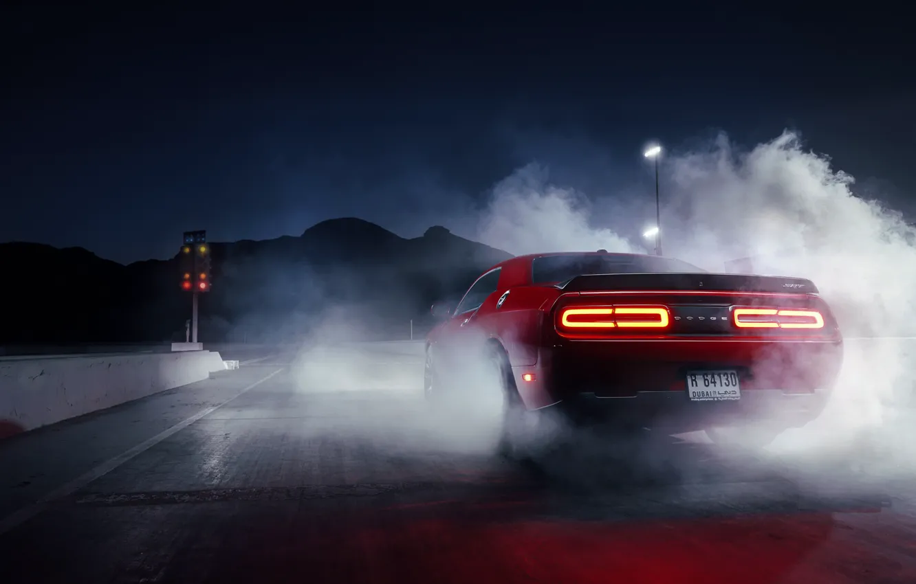 Photo wallpaper Muscle, Dodge, Challenger, Red, Car, Smoke, Hellcat, Drag