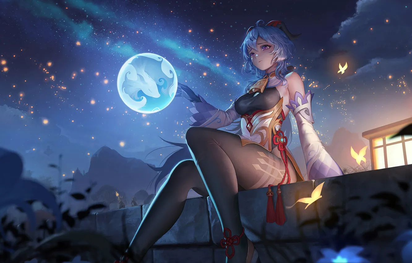 Photo wallpaper girl, night, balls, magic, fantasy, Genshin Impact, Ganyu