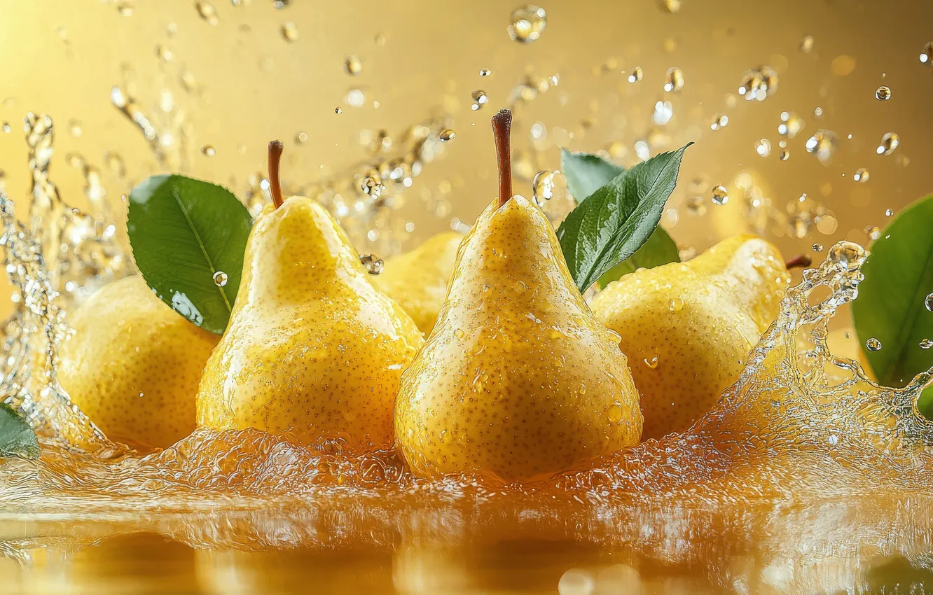 Photo wallpaper leaves, water, drops, squirt, yellow, splash, fruit, pear