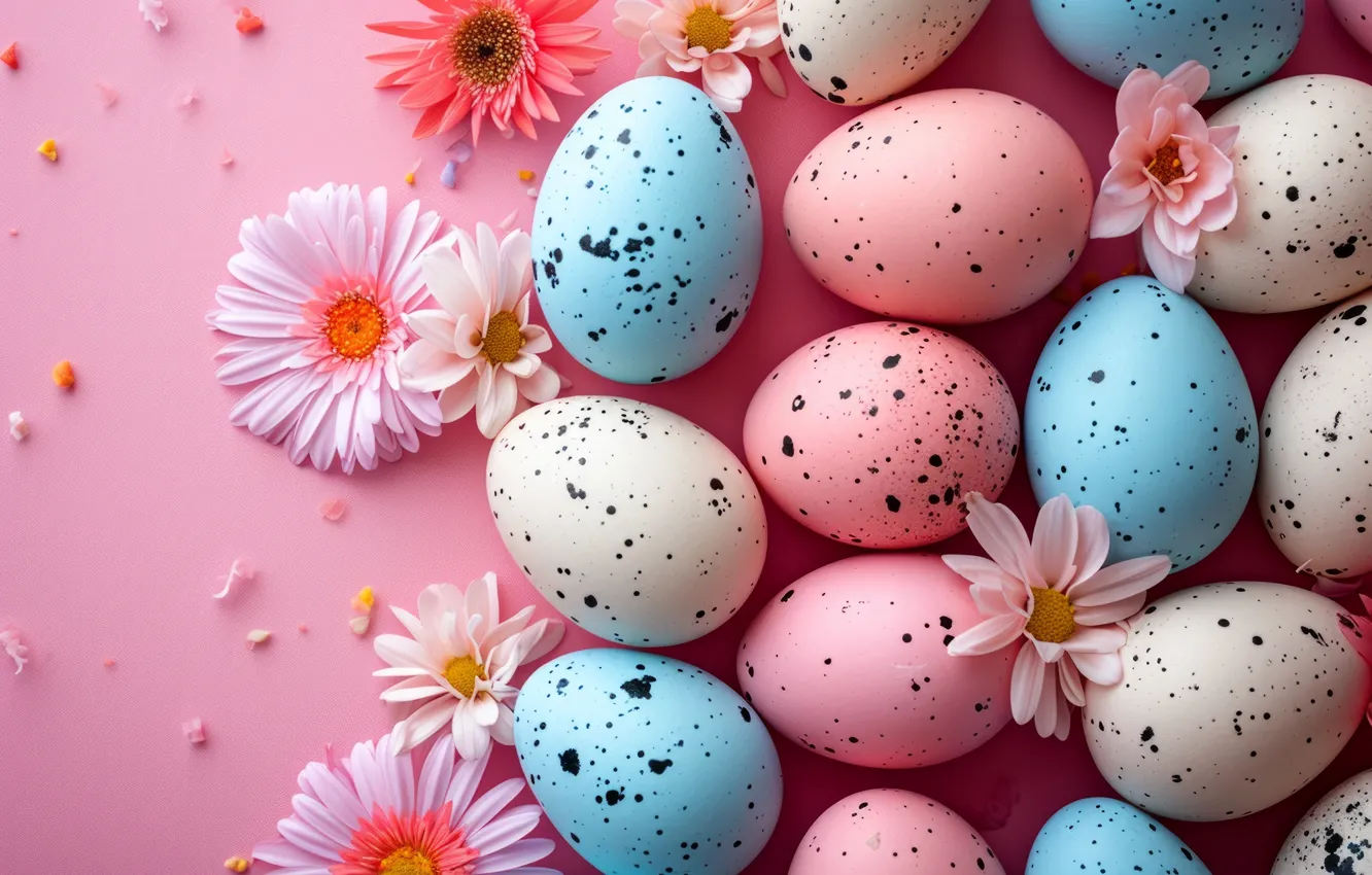 Photo wallpaper flowers, holiday, eggs, spring, Easter, pink background, painted, eggs