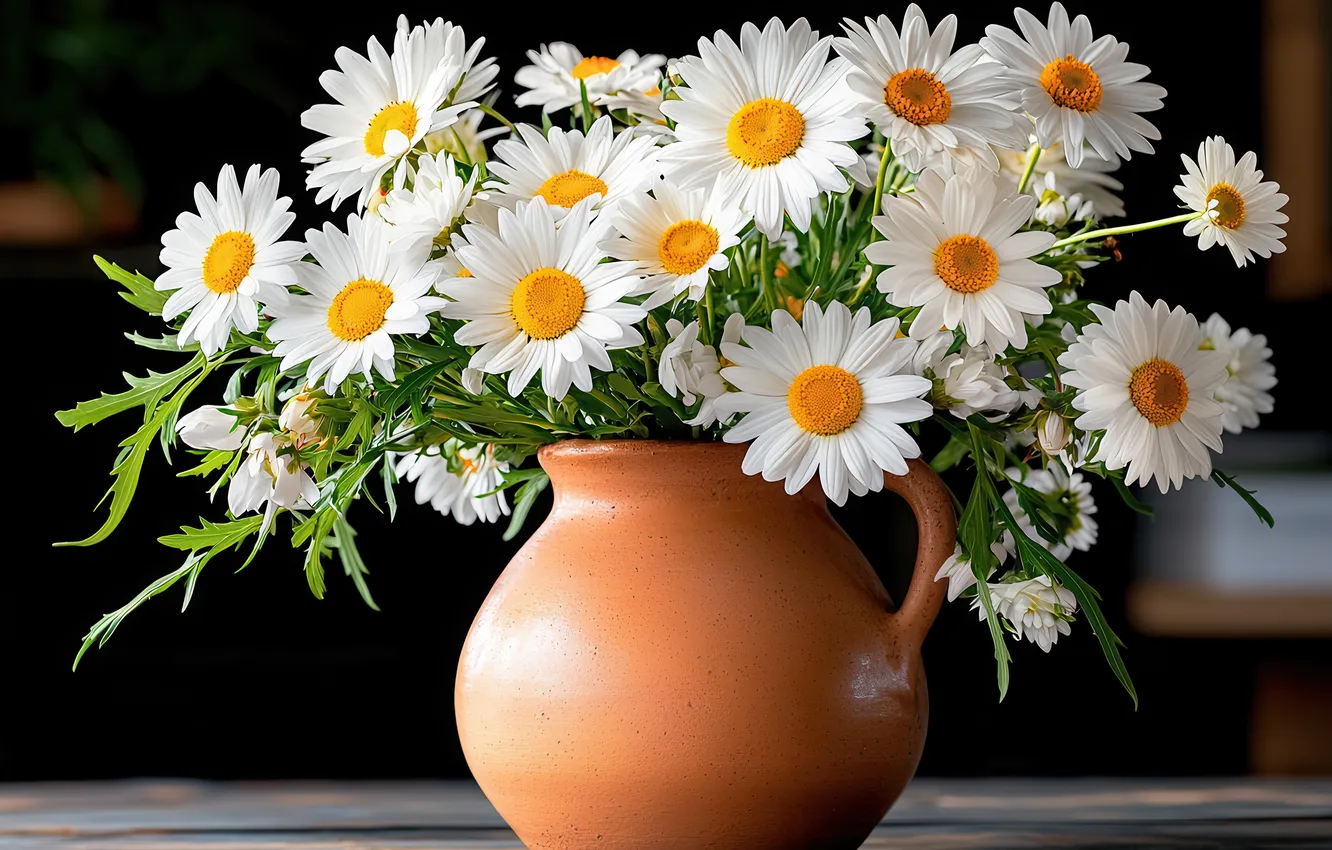 Photo wallpaper flowers, the dark background, table, chamomile, bouquet, pitcher, white, ceramics