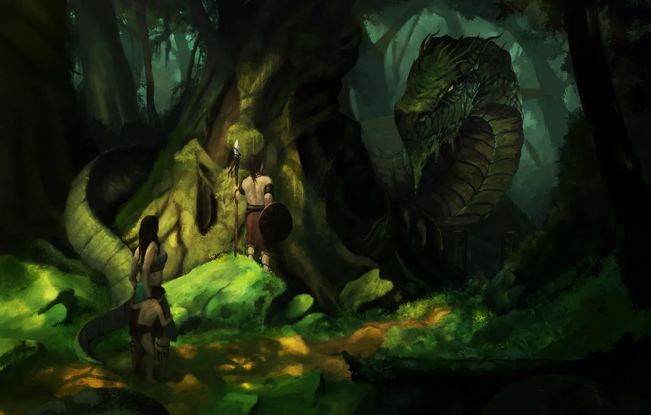 Photo wallpaper forest, people, dragon, the Indians
