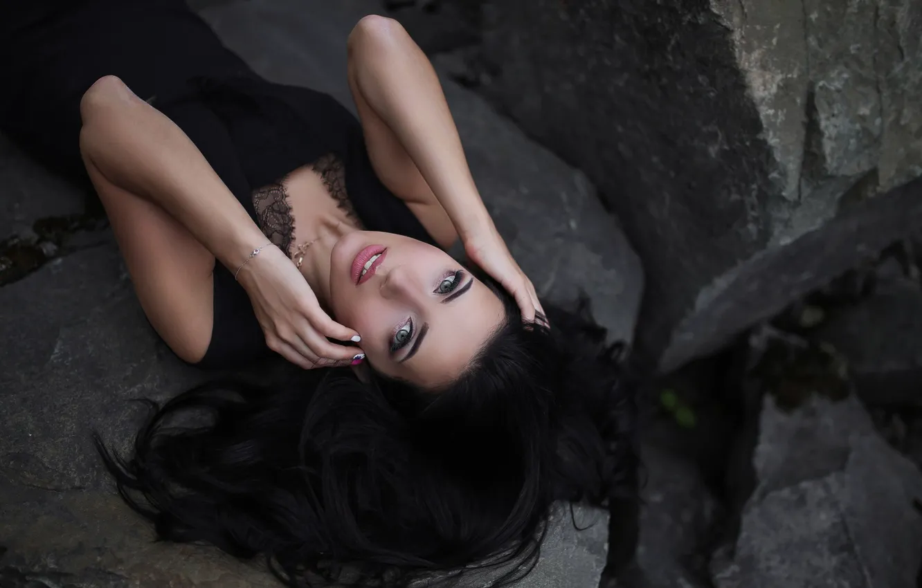 Photo wallpaper look, pose, model, portrait, hands, makeup, dress, brunette