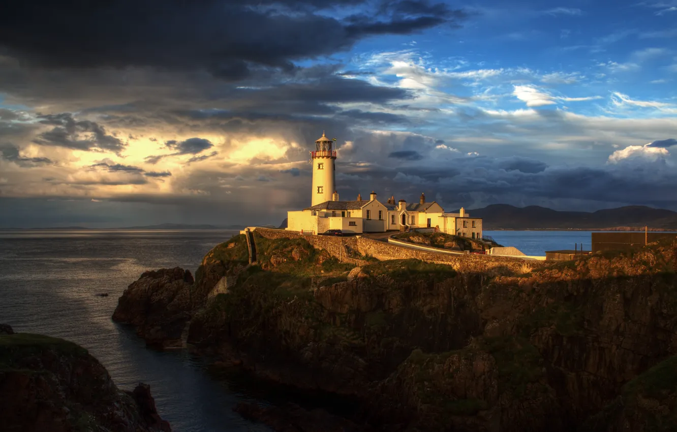 Photo wallpaper sea, landscape, sunset, clouds, rocks, lighthouse, Ireland, Donegal