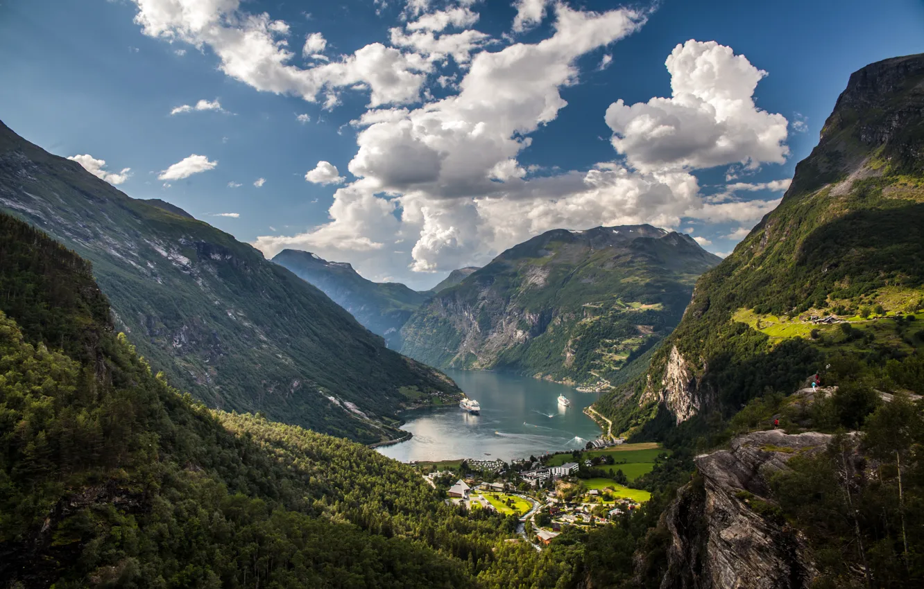 Photo wallpaper mountains, Bay, valley, Norway, Norway, cruise liner