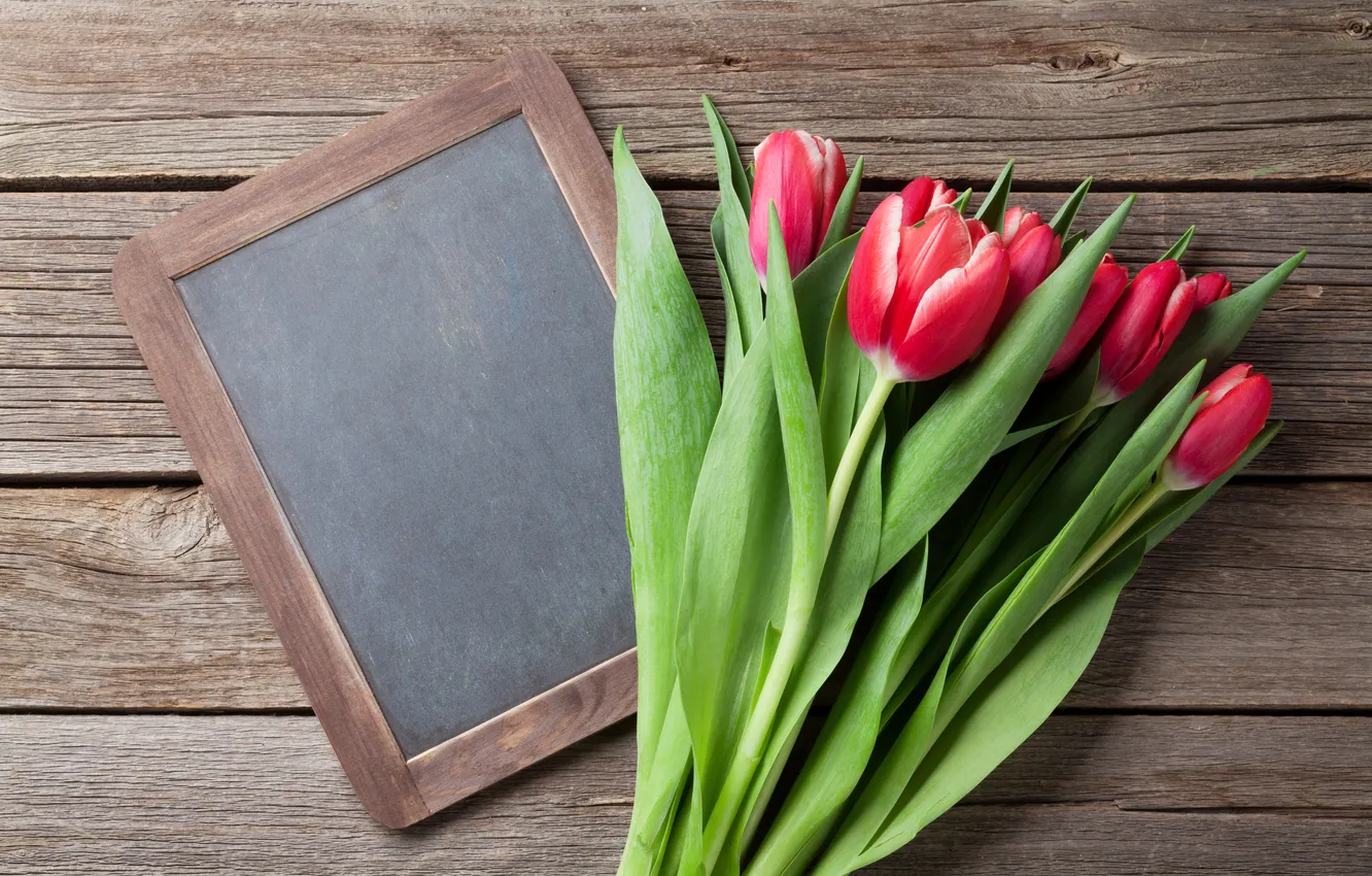 Photo wallpaper flowers, bouquet, tulips, red, wood, flowers, tulips, spring