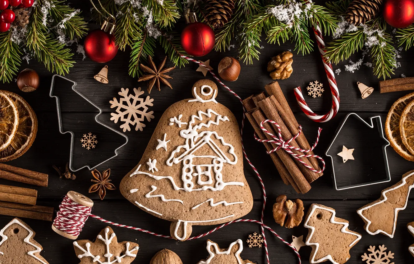 Photo wallpaper decoration, new year, Christmas, Christmas, wood, cookies, decoration, gingerbread