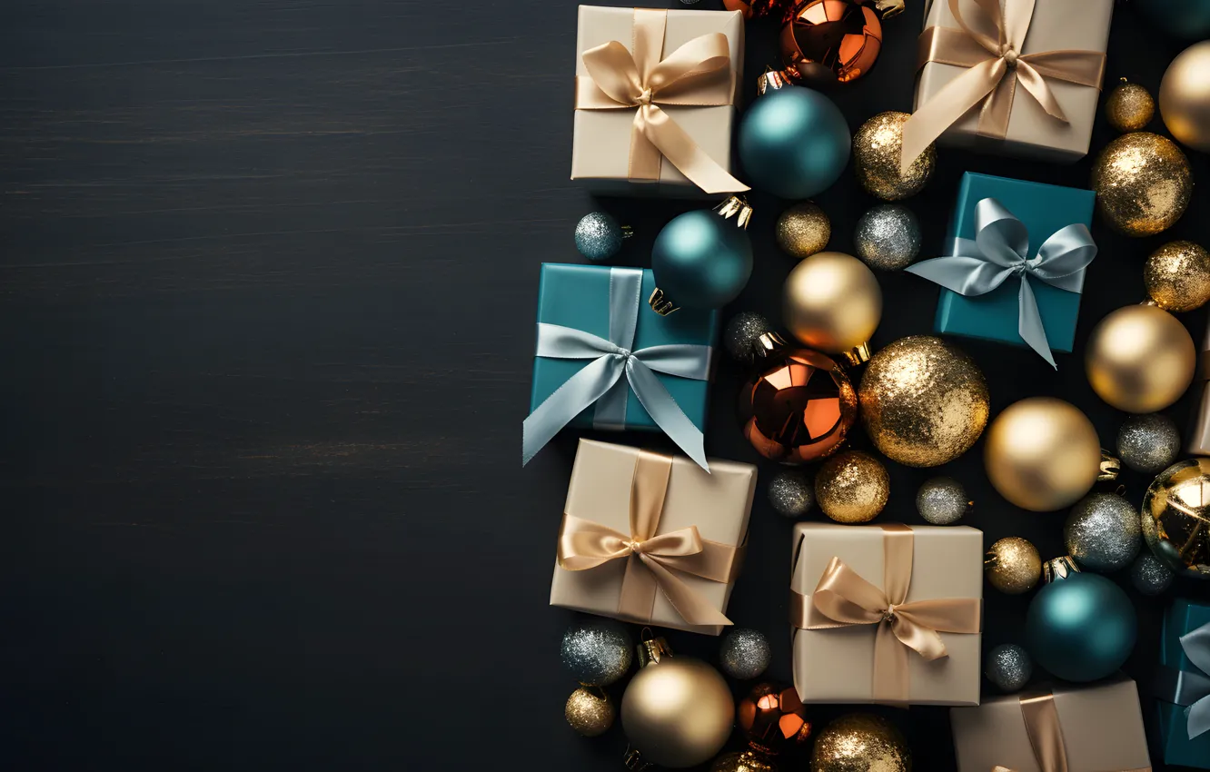 Photo wallpaper decoration, the dark background, balls, New Year, Christmas, dark, gifts, golden