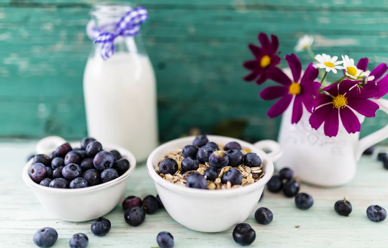 Photo wallpaper berries, Breakfast, milk, blueberries, bowl, muesli