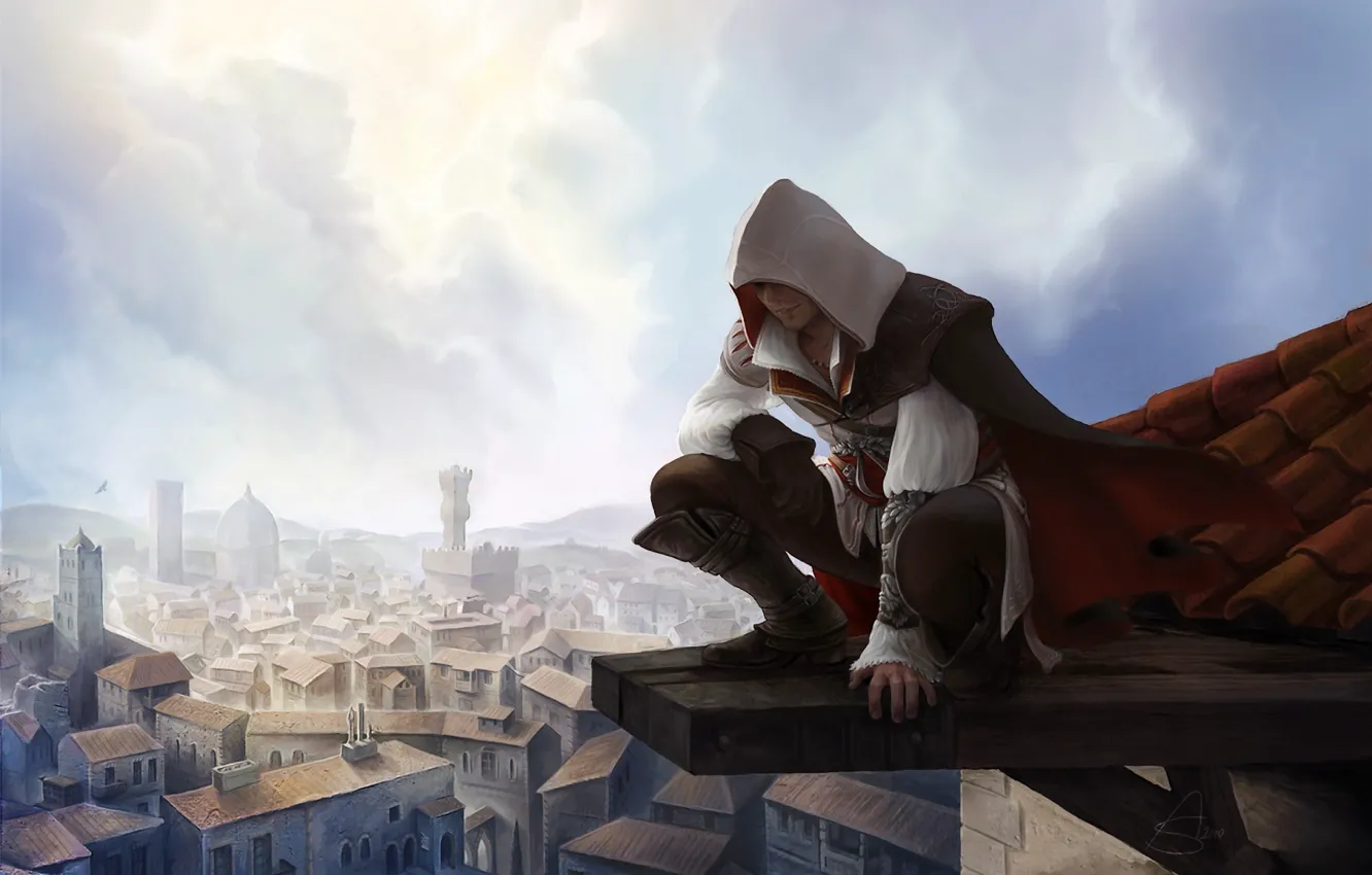 Photo wallpaper roof, the city, height, Ezio, Assassin's Creed