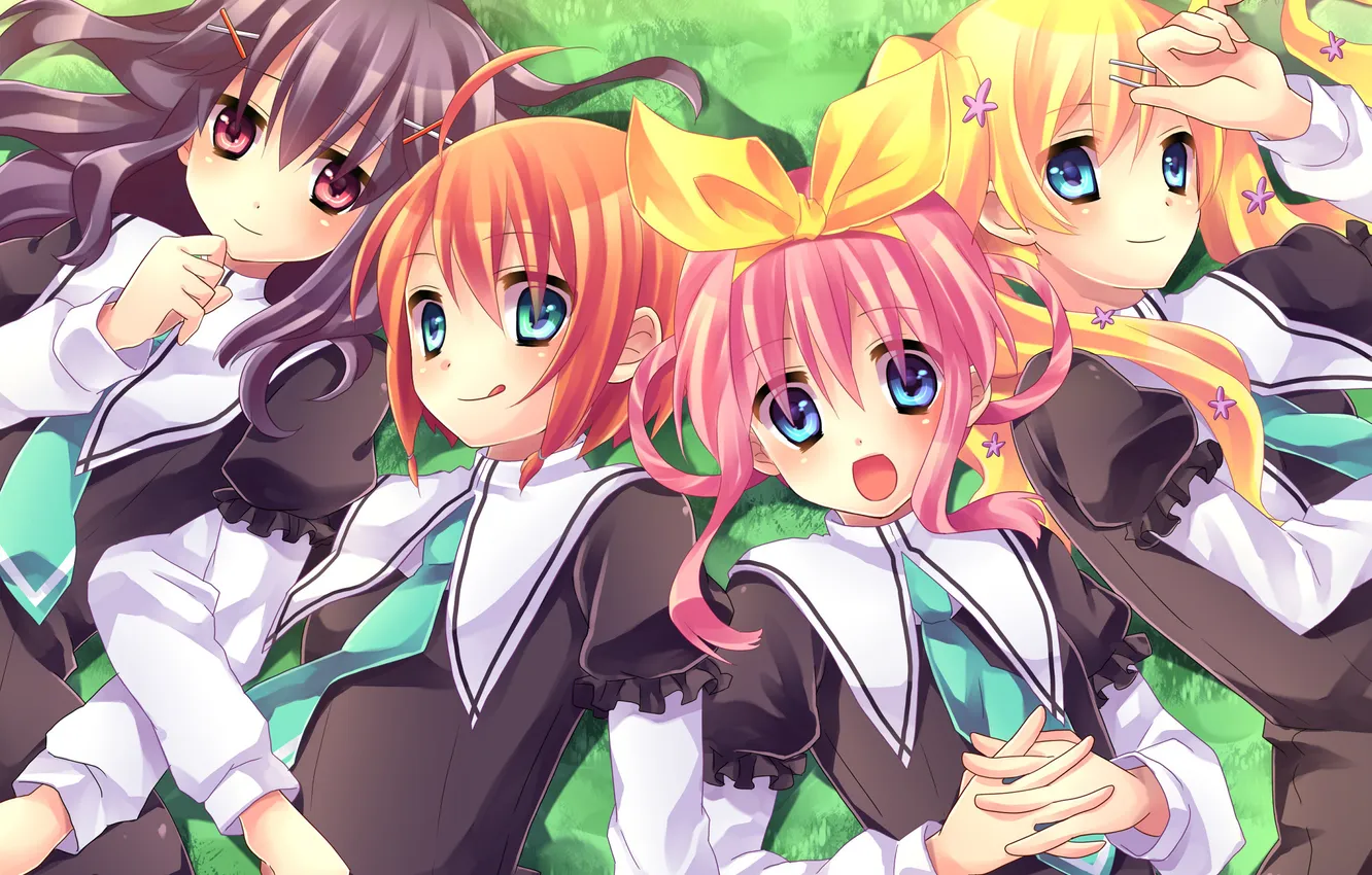 Photo wallpaper grass, girl, anime, art, form, schoolgirl, stars, hercule barton