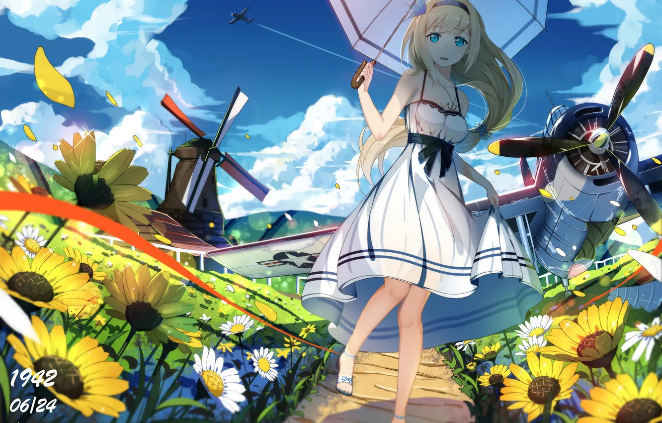 Photo wallpaper the sky, girl, clouds, flowers, nature, chamomile, umbrella, anime