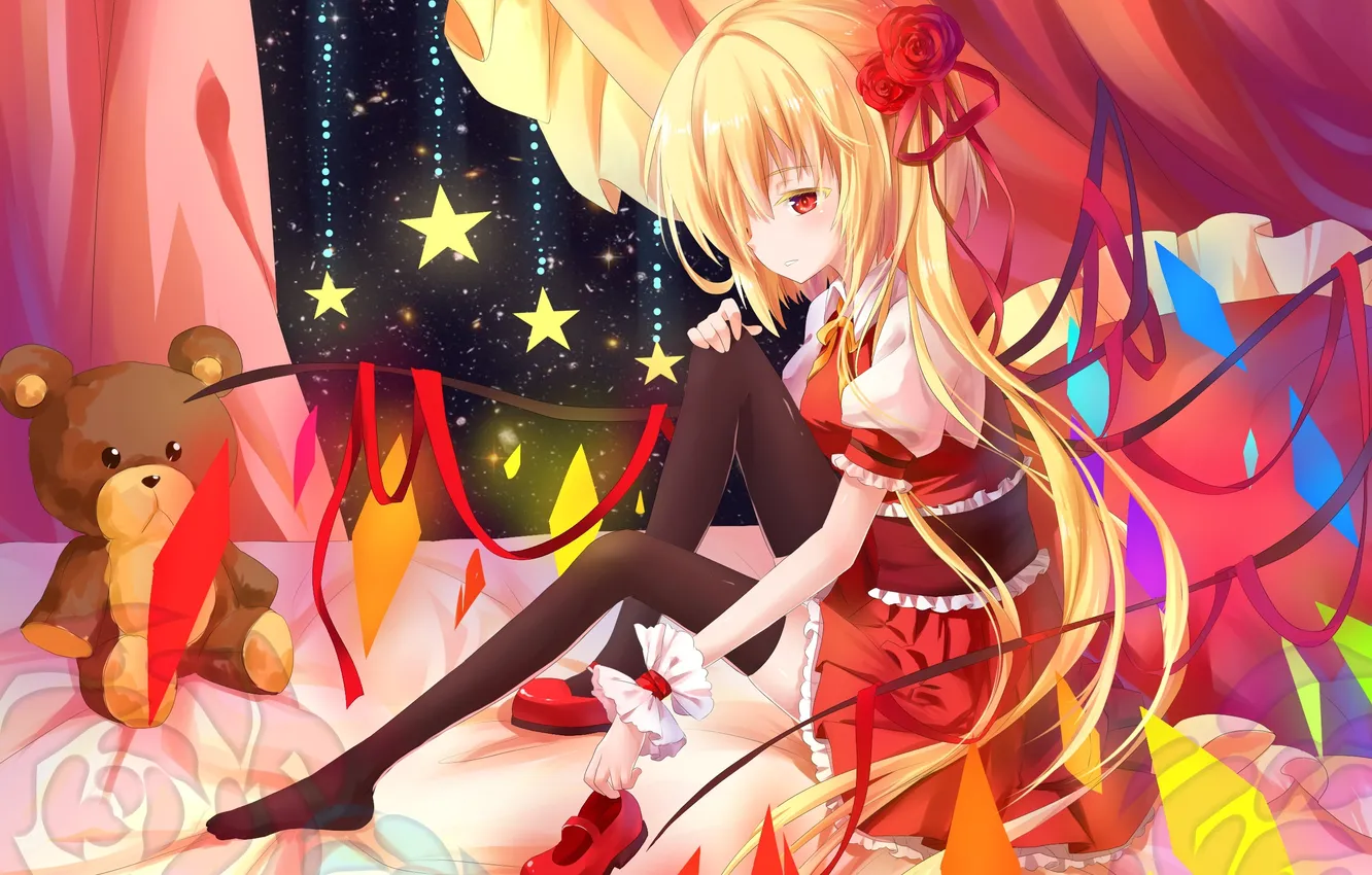 Photo wallpaper girl, stars, toy, roses, wings, anime, bear, art