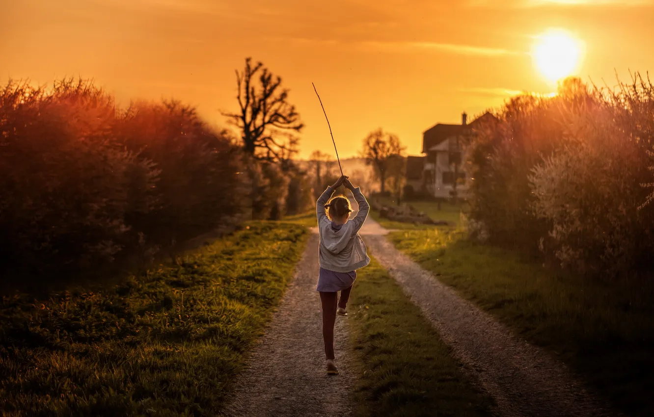 Photo wallpaper sunset, mood, girl