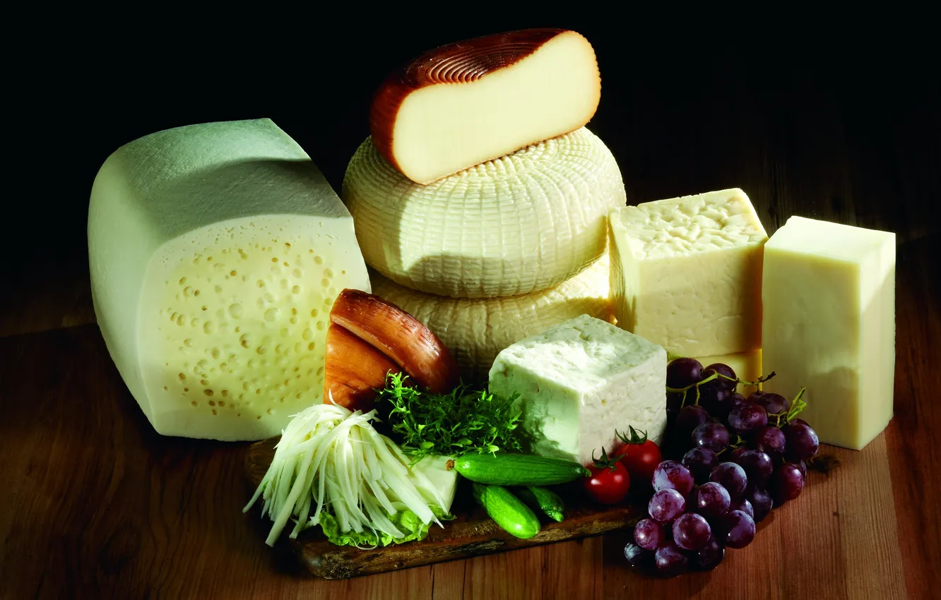 Photo wallpaper cheese, grapes, tomatoes, cucumbers, grozd